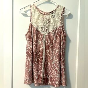 Pink and Cream Embellished Tank Top with Graphic Floral Design